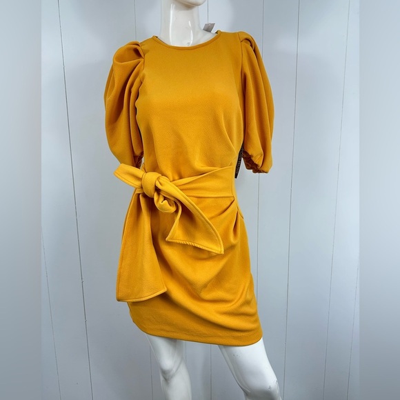 NWT New York & Company Yellow Sheath Dress Size Small Puff Sleeve Bow Detail - Picture 6 of 11